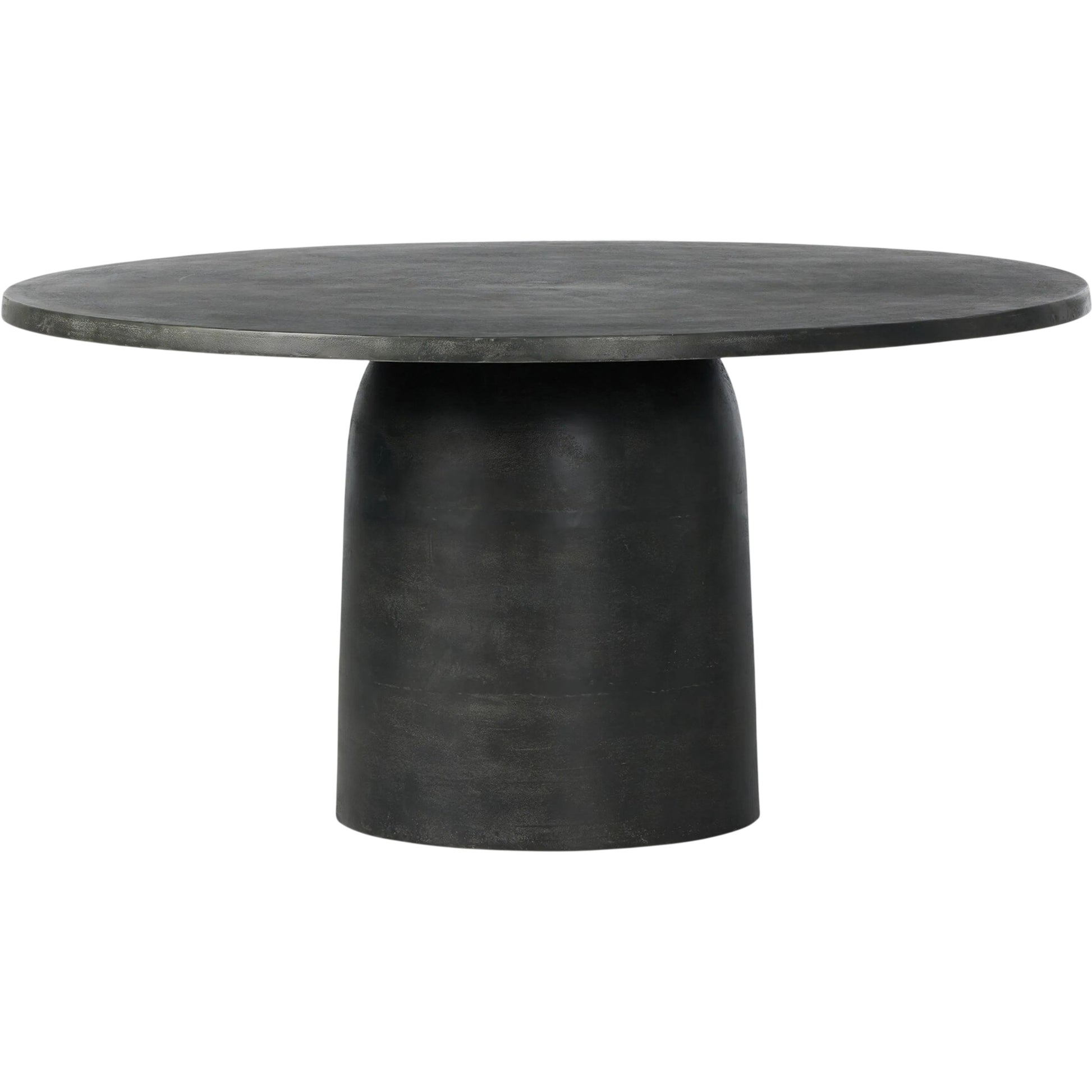 Basil Outdoor Round Dining Table by Four Hands in aged grey. Made from aluminum in a transitional style.