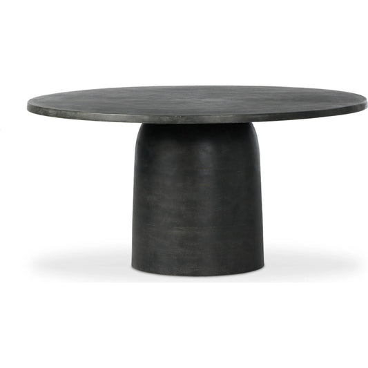 Basil Outdoor Round Dining Table by Four Hands in aged grey. Made from aluminum in a transitional style.