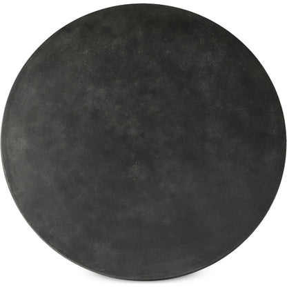 Basil Outdoor Round Dining Table by Four Hands in aged grey. Made from aluminum in a transitional style.