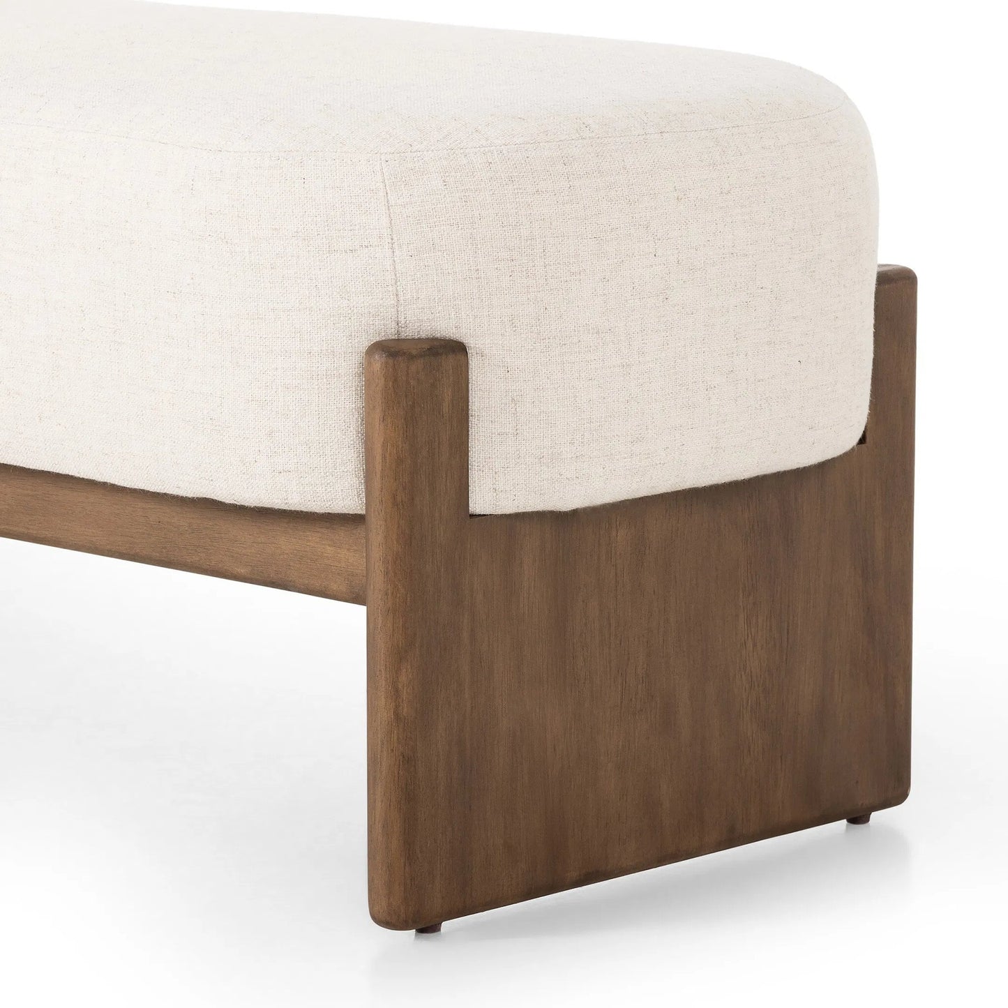 005 SI-2449397 | Closeup | Kirby Accent Bench by Four Hands in alcala cream, vintage natural. Made from 70% polyester, 20% viscose (rayon), 10% flax/linen, solid parawood in a transitional style.