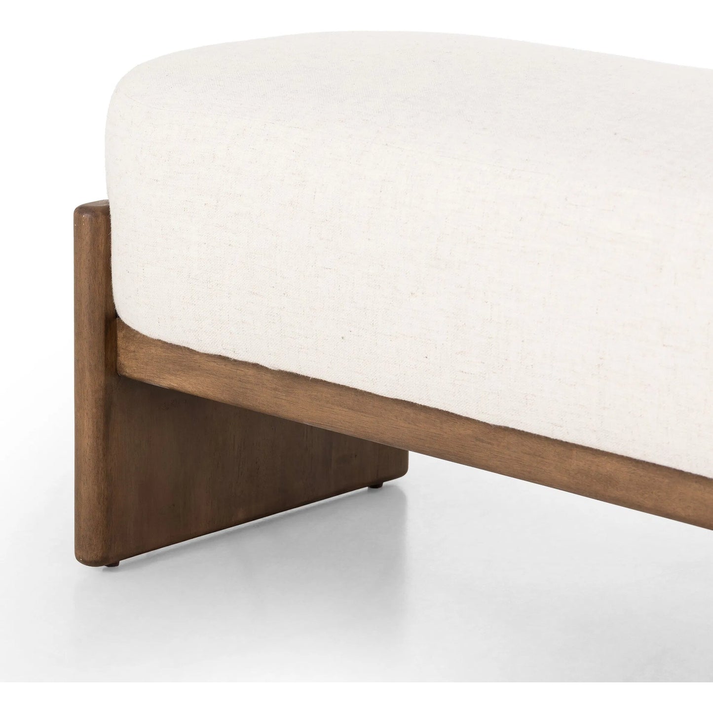 007 SI-2449397 | Closeup | Kirby Accent Bench by Four Hands in alcala cream, vintage natural. Made from 70% polyester, 20% viscose (rayon), 10% flax/linen, solid parawood in a transitional style.
