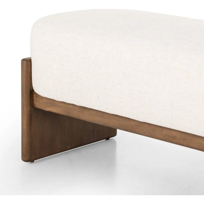 Kirby Accent Bench by Four Hands in alcala cream, vintage natural. Made from 70% polyester, 20% viscose (rayon), 10% flax/linen, solid parawood in a transitional style.