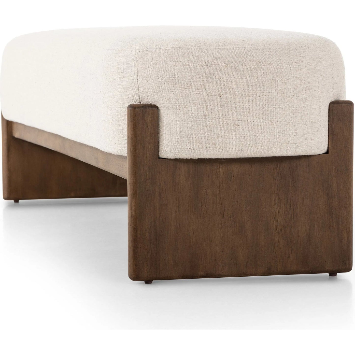 008 SI-2449397 | Closeup | Kirby Accent Bench by Four Hands in alcala cream, vintage natural. Made from 70% polyester, 20% viscose (rayon), 10% flax/linen, solid parawood in a transitional style.