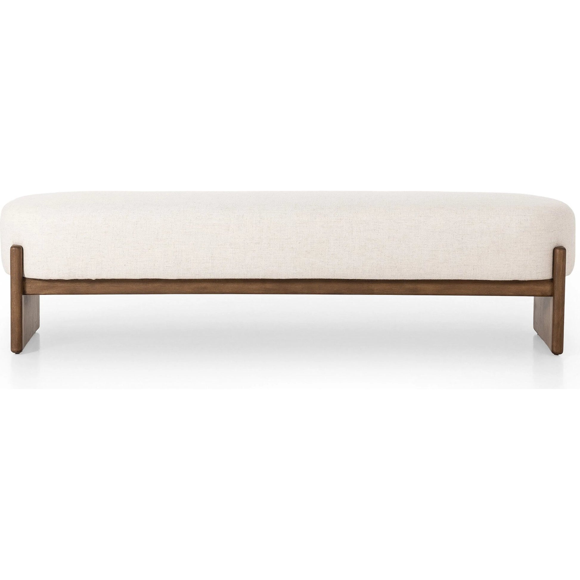 Kirby Accent Bench by Four Hands in alcala cream, vintage natural. Made from 70% polyester, 20% viscose (rayon), 10% flax/linen, solid parawood in a transitional style.
