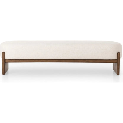 Kirby Accent Bench by Four Hands in alcala cream, vintage natural. Made from 70% polyester, 20% viscose (rayon), 10% flax/linen, solid parawood in a transitional style.