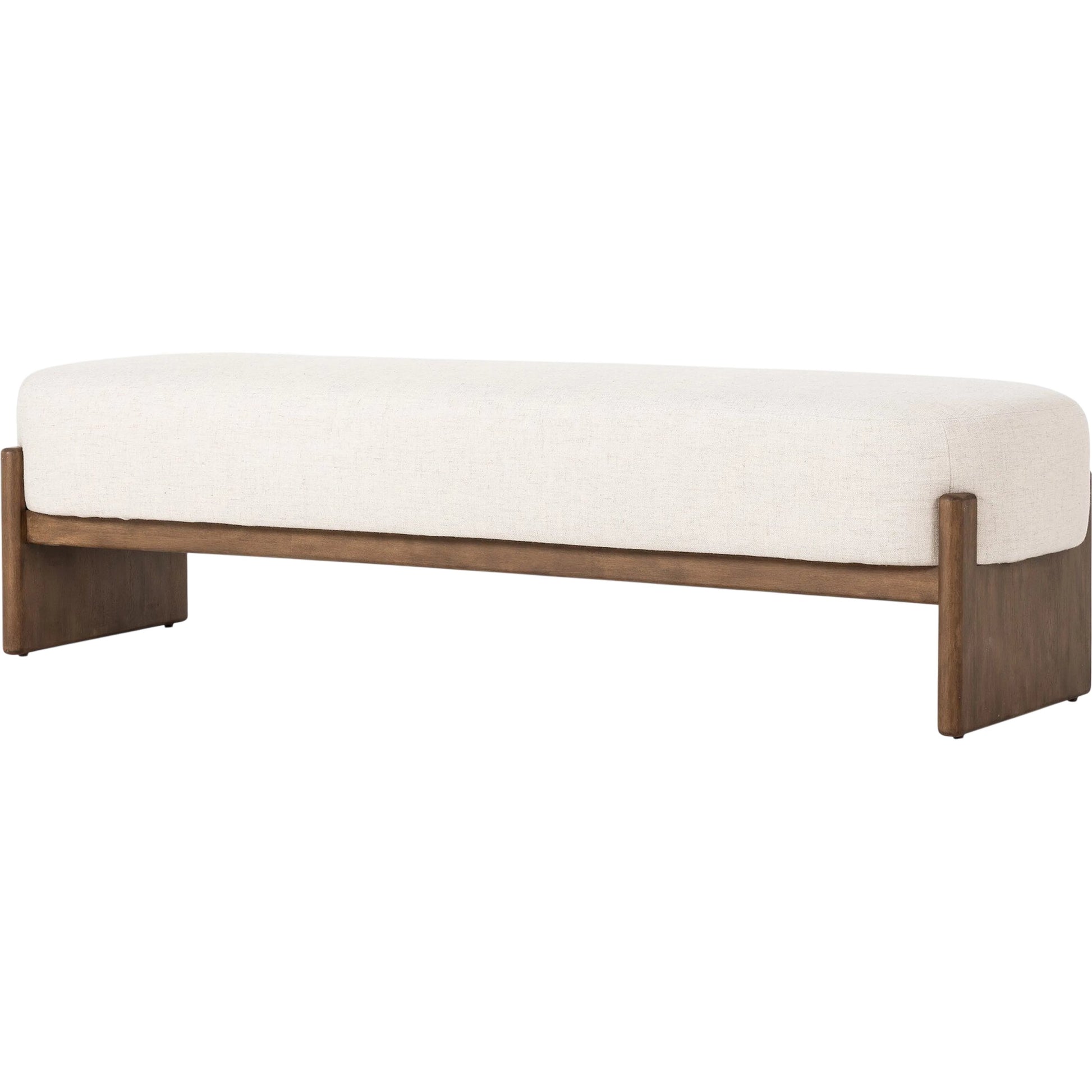 Kirby Accent Bench by Four Hands in alcala cream, vintage natural. Made from 70% polyester, 20% viscose (rayon), 10% flax/linen, solid parawood in a transitional style.