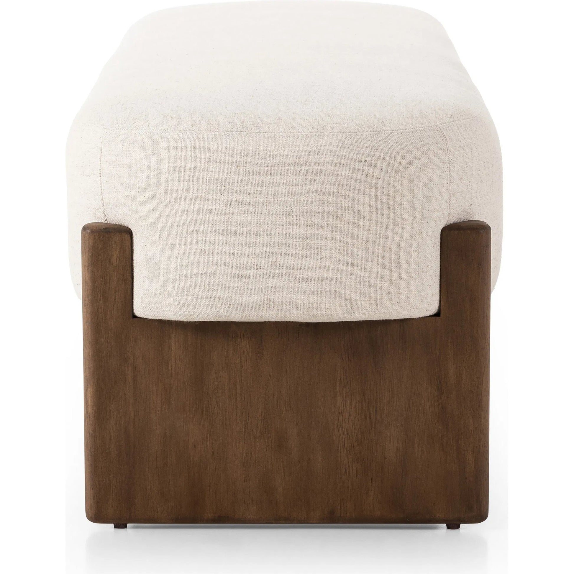 Kirby Accent Bench by Four Hands in alcala cream, vintage natural. Made from 70% polyester, 20% viscose (rayon), 10% flax/linen, solid parawood in a transitional style.