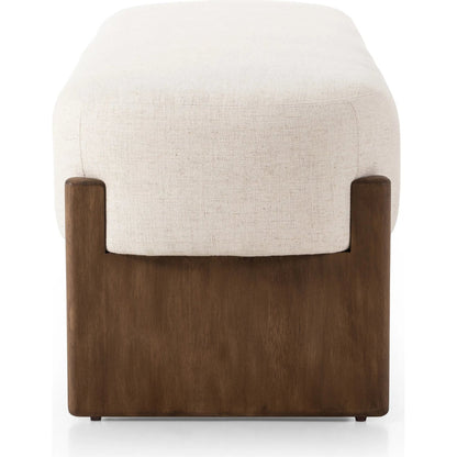 Kirby Accent Bench by Four Hands in alcala cream, vintage natural. Made from 70% polyester, 20% viscose (rayon), 10% flax/linen, solid parawood in a transitional style.