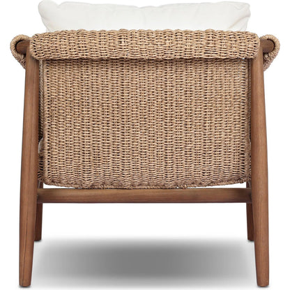 Cambrie Outdoor Chair by Four Hands in arashi salt, stained toasted brown, faux hyacinth. Made from 100% acrylic, solid teak, 100% polyethylene in a rustic style.