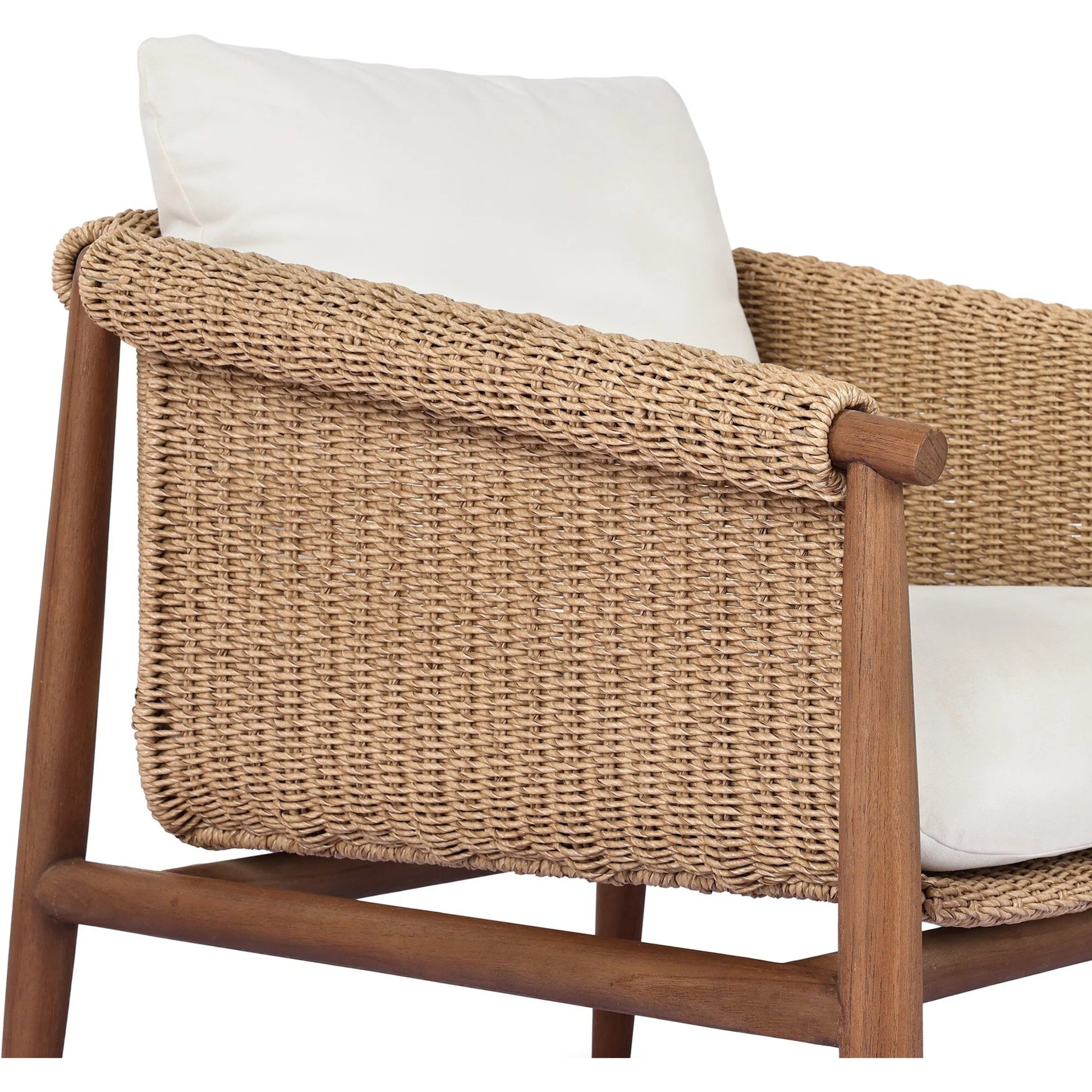 Cambrie Outdoor Chair by Four Hands in arashi salt, stained toasted brown, faux hyacinth. Made from 100% acrylic, solid teak, 100% polyethylene in a rustic style.