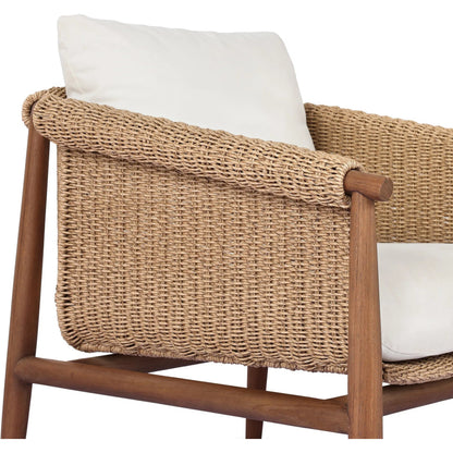 Cambrie Outdoor Chair by Four Hands in arashi salt, stained toasted brown, faux hyacinth. Made from 100% acrylic, solid teak, 100% polyethylene in a rustic style.