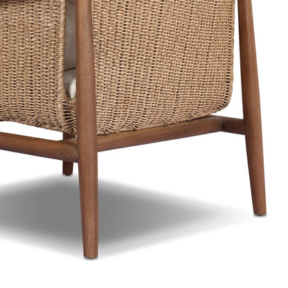 Cambrie Outdoor Chair by Four Hands in arashi salt, stained toasted brown, faux hyacinth. Made from 100% acrylic, solid teak, 100% polyethylene in a rustic style.