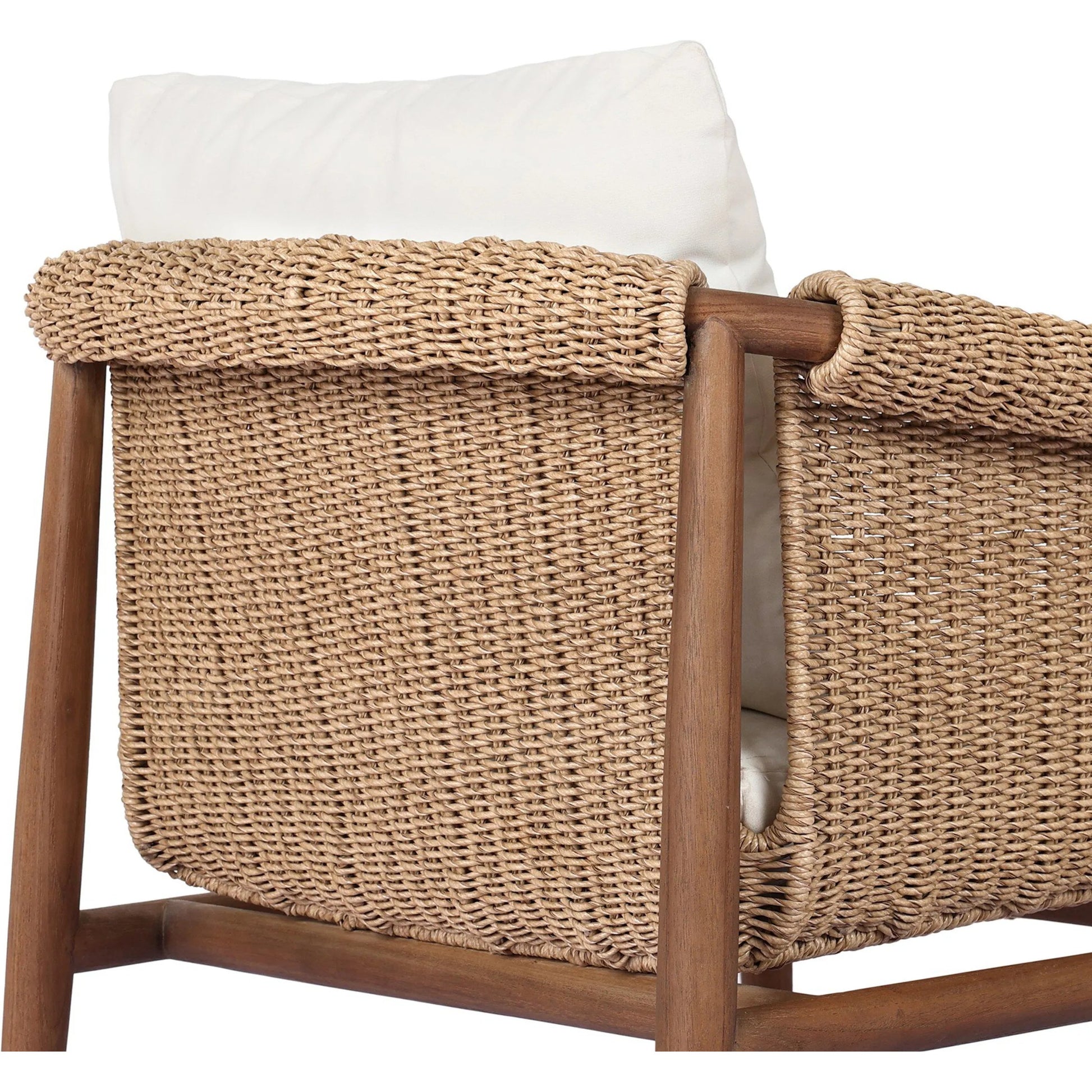 Cambrie Outdoor Chair by Four Hands in arashi salt, stained toasted brown, faux hyacinth. Made from 100% acrylic, solid teak, 100% polyethylene in a rustic style.