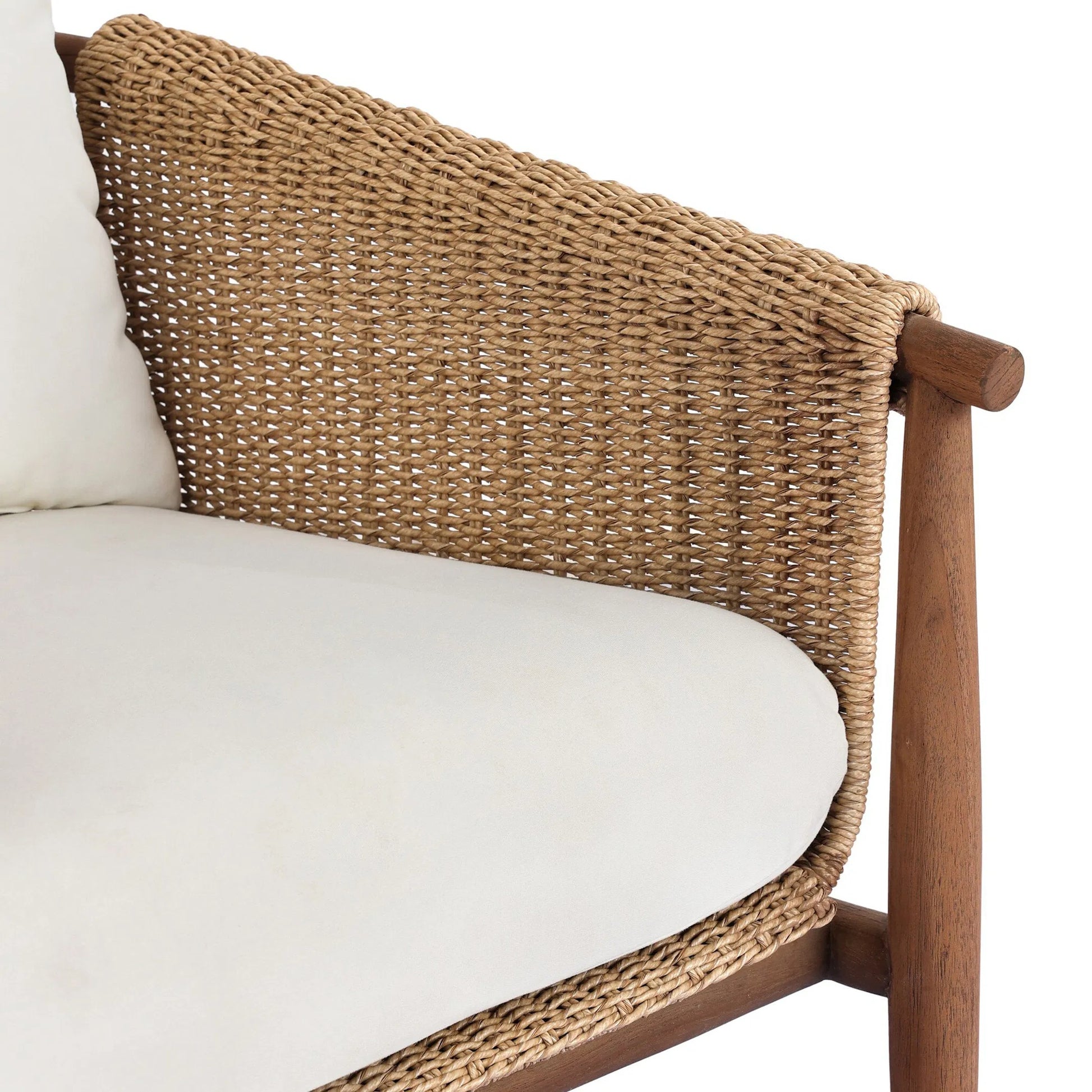 Cambrie Outdoor Chair by Four Hands in arashi salt, stained toasted brown, faux hyacinth. Made from 100% acrylic, solid teak, 100% polyethylene in a rustic style.