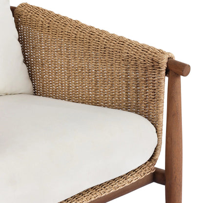 Cambrie Outdoor Chair by Four Hands in arashi salt, stained toasted brown, faux hyacinth. Made from 100% acrylic, solid teak, 100% polyethylene in a rustic style.