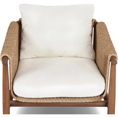 Cambrie Outdoor Chair by Four Hands in arashi salt, stained toasted brown, faux hyacinth. Made from 100% acrylic, solid teak, 100% polyethylene in a rustic style.