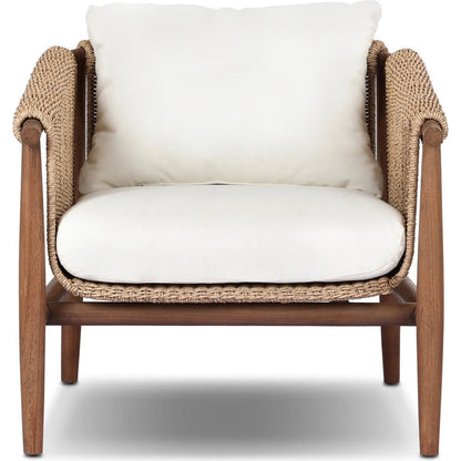 Cambrie Outdoor Chair by Four Hands in arashi salt, stained toasted brown, faux hyacinth. Made from 100% acrylic, solid teak, 100% polyethylene in a rustic style.
