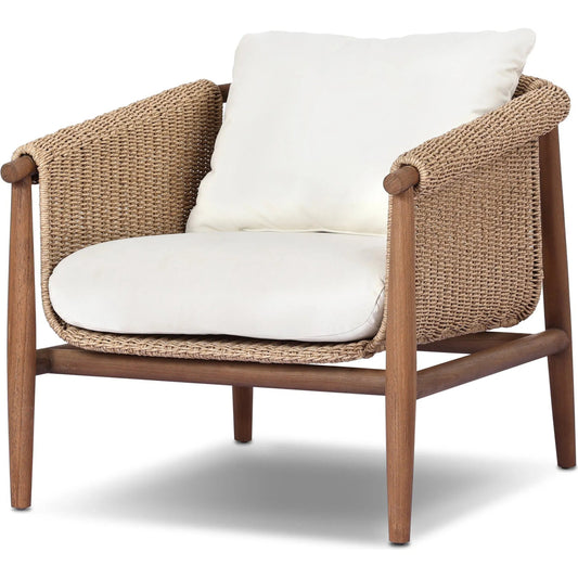 Cambrie Outdoor Chair by Four Hands in arashi salt, stained toasted brown, faux hyacinth. Made from 100% acrylic, solid teak, 100% polyethylene in a rustic style.