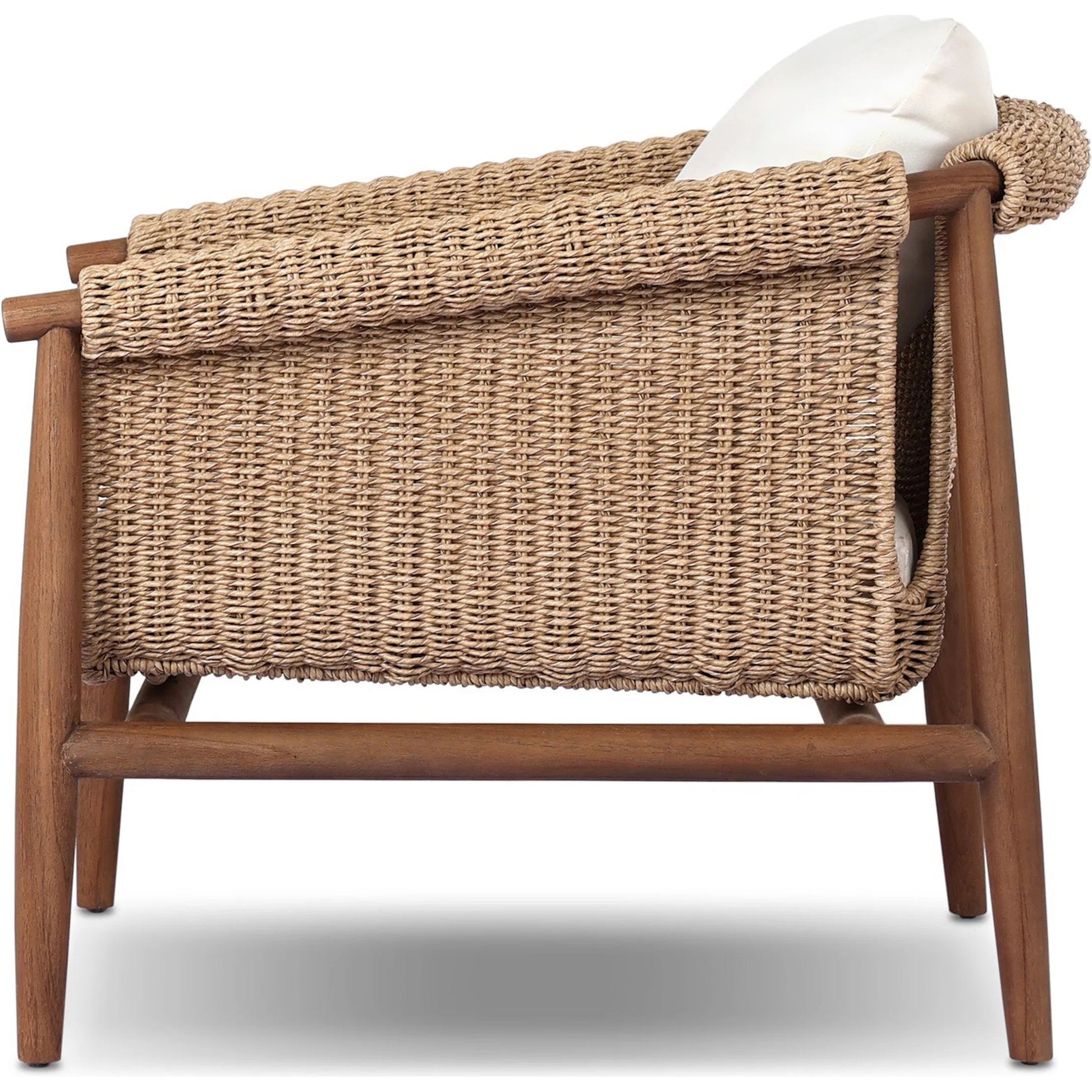 Cambrie Outdoor Chair by Four Hands in arashi salt, stained toasted brown, faux hyacinth. Made from 100% acrylic, solid teak, 100% polyethylene in a rustic style.