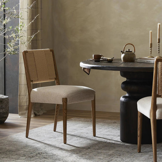 Rothler Dining Chair by Four Hands in alcala wheat, tan oak, double twisted paper cord. Made from 70% polyester, 20% viscose (rayon), 10% flax/linen, solid oak, rush in a unique style.