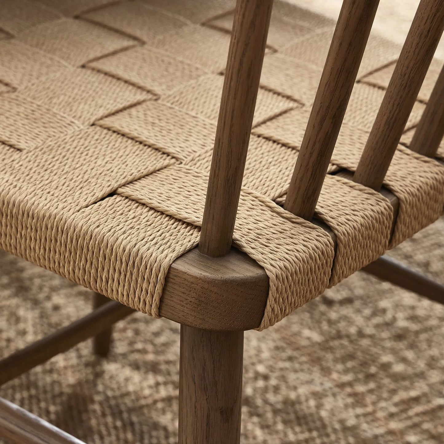 025 SI-2535180 | Closeup | Kershaw Dining Chair by Four Hands in natural rush, smoked oak. Made from rush, solid oak in a traditional style.