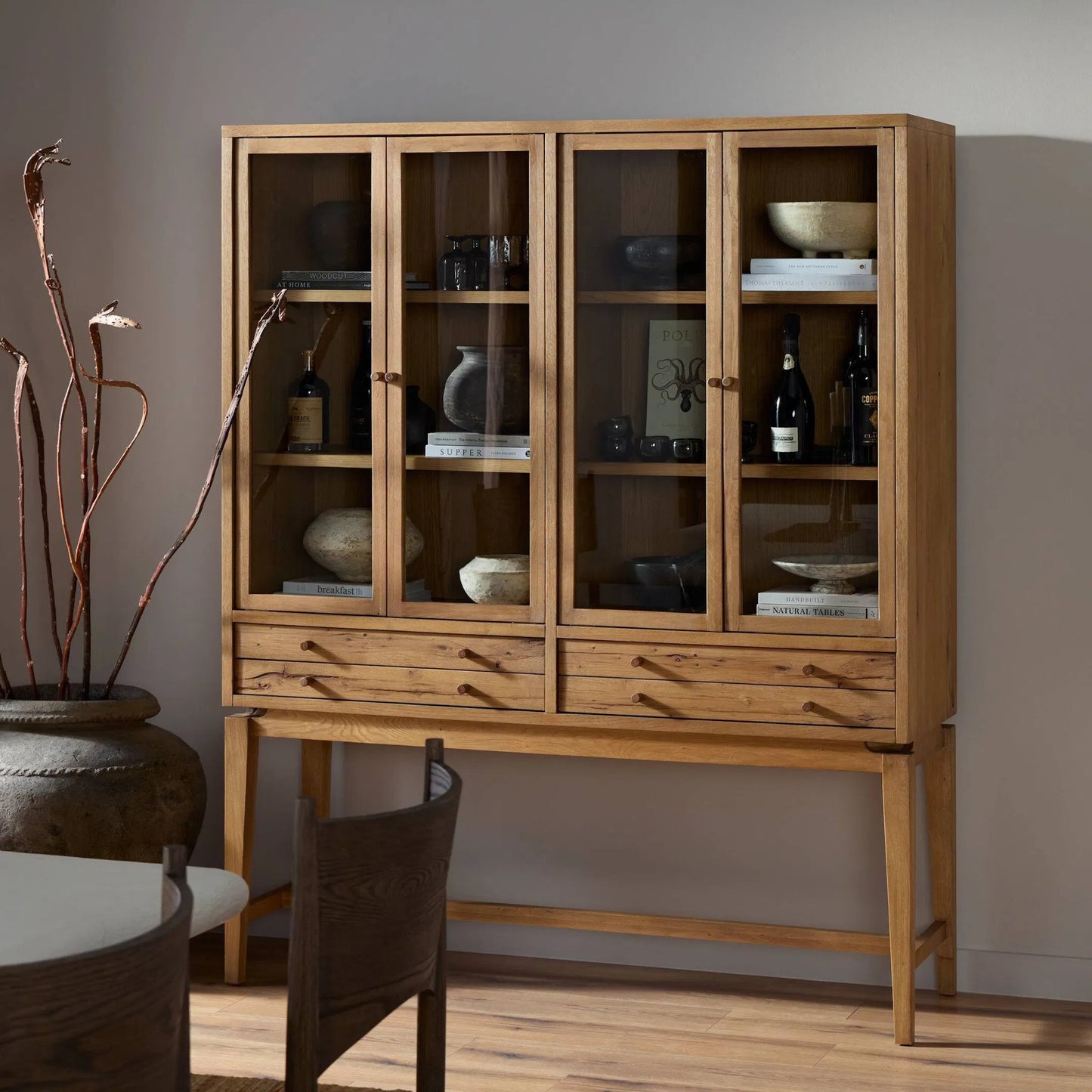 014 SI-2327543 | Lifestyle | Bergstrom Cabinet by Four Hands in warm natural oak veneer. Made from thick oak veneer, solid oak in a modern style.