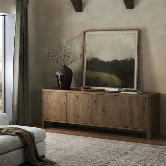 Noeline Sideboard by Four Hands in resawn worn oak. Made from resawn oak veneer, solid oak in a transitional style.