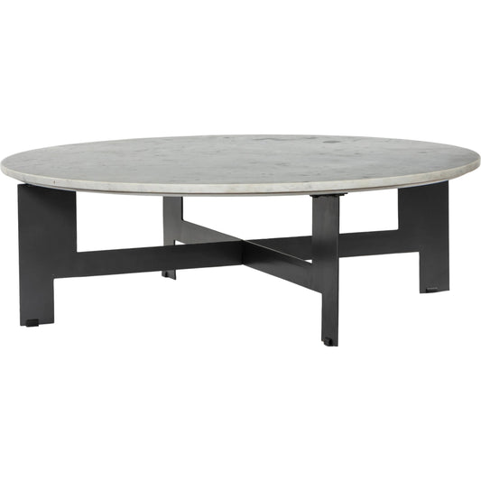 Marble Round Coffee Table with Iron by Four Hands in gunmetal, black marble. Made from solid marble, iron in a modern style.
