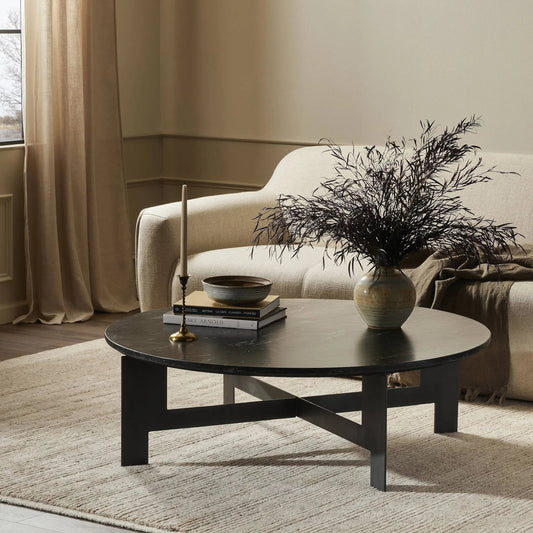 Marble Round Coffee Table with Iron by Four Hands in gunmetal, black marble. Made from solid marble, iron in a modern style.