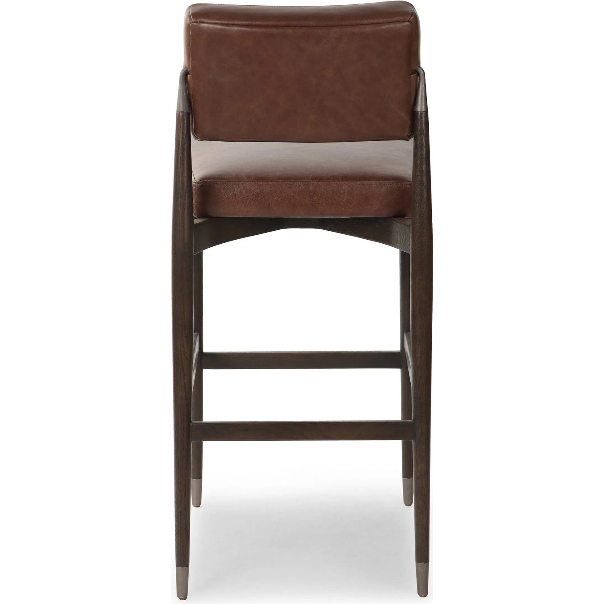 Anton Bar Stool by Four Hands in havana brown, burnt oak, raw iron. Made from top grain leather, solid oak, iron in a modern style.