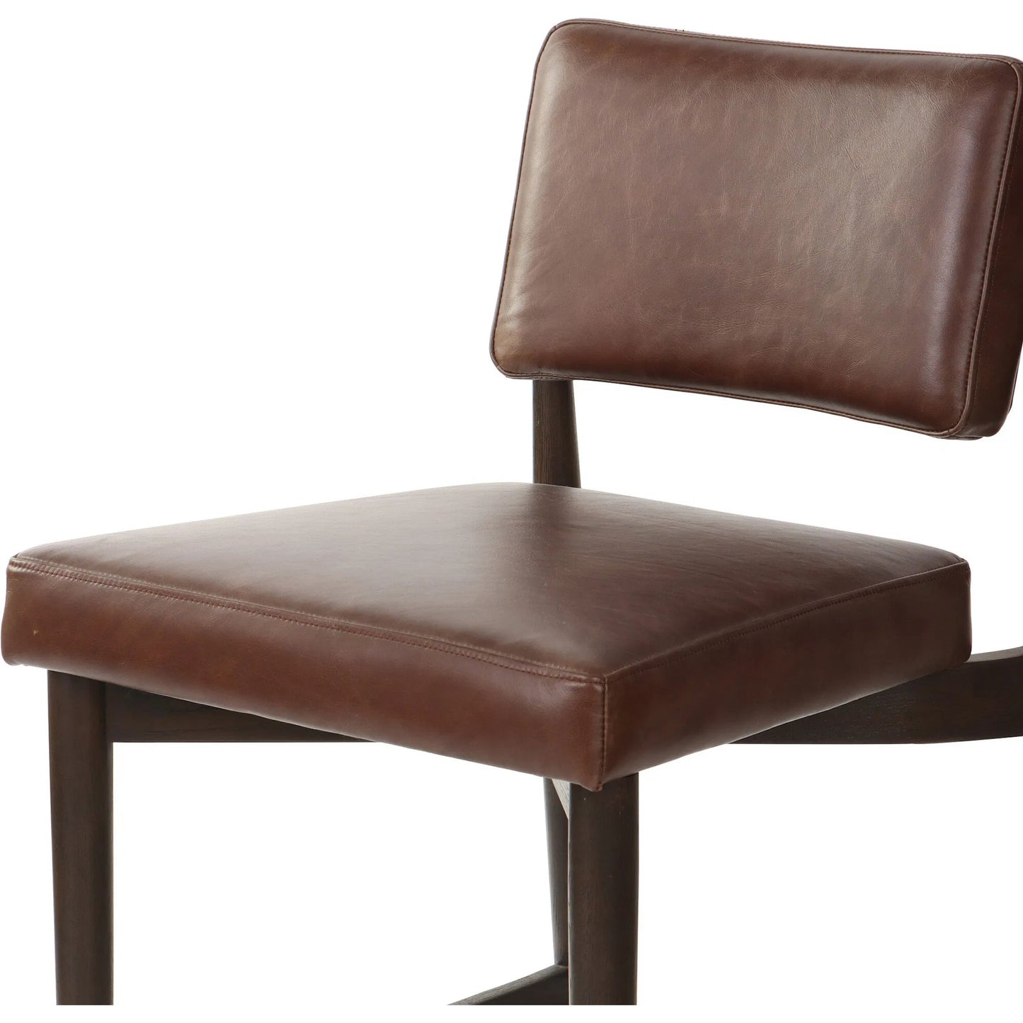 024 SI-2319985 | Closeup | Anton Bar Stool by Four Hands in havana brown, burnt oak, raw iron. Made from top grain leather, solid oak, iron in a modern style.