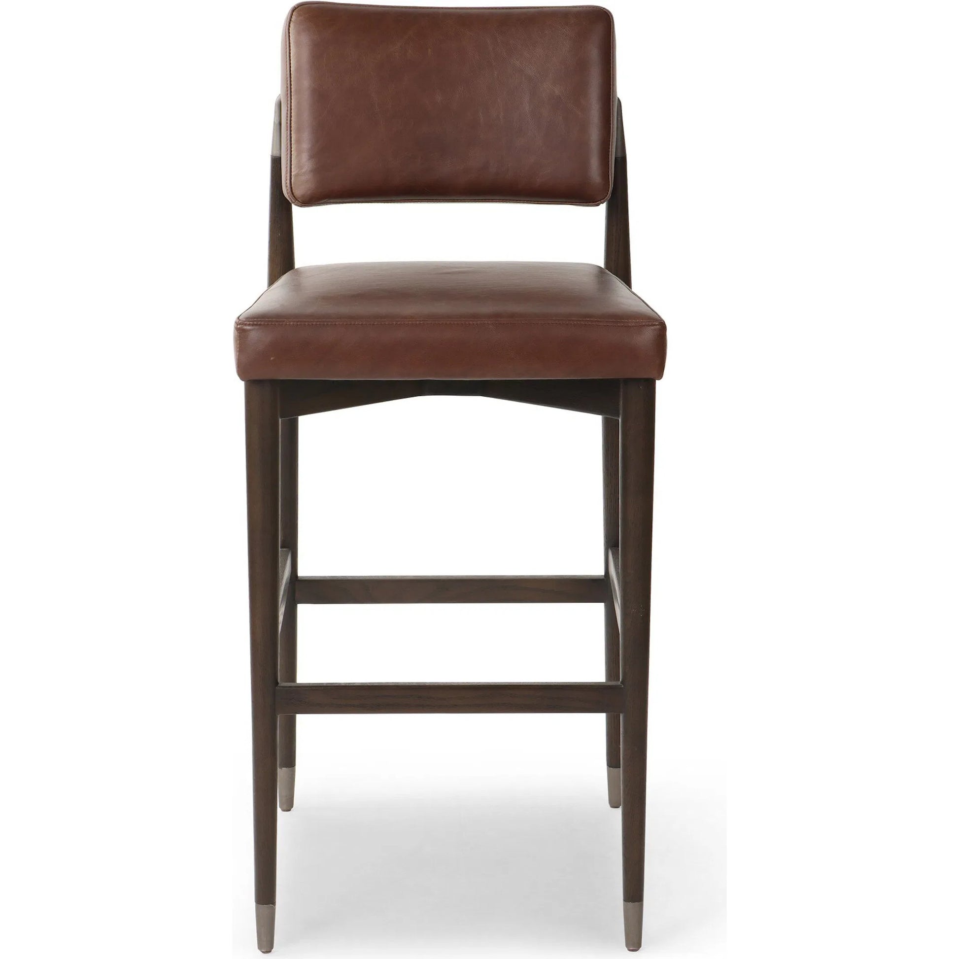 Anton Bar Stool by Four Hands in havana brown, burnt oak, raw iron. Made from top grain leather, solid oak, iron in a modern style.