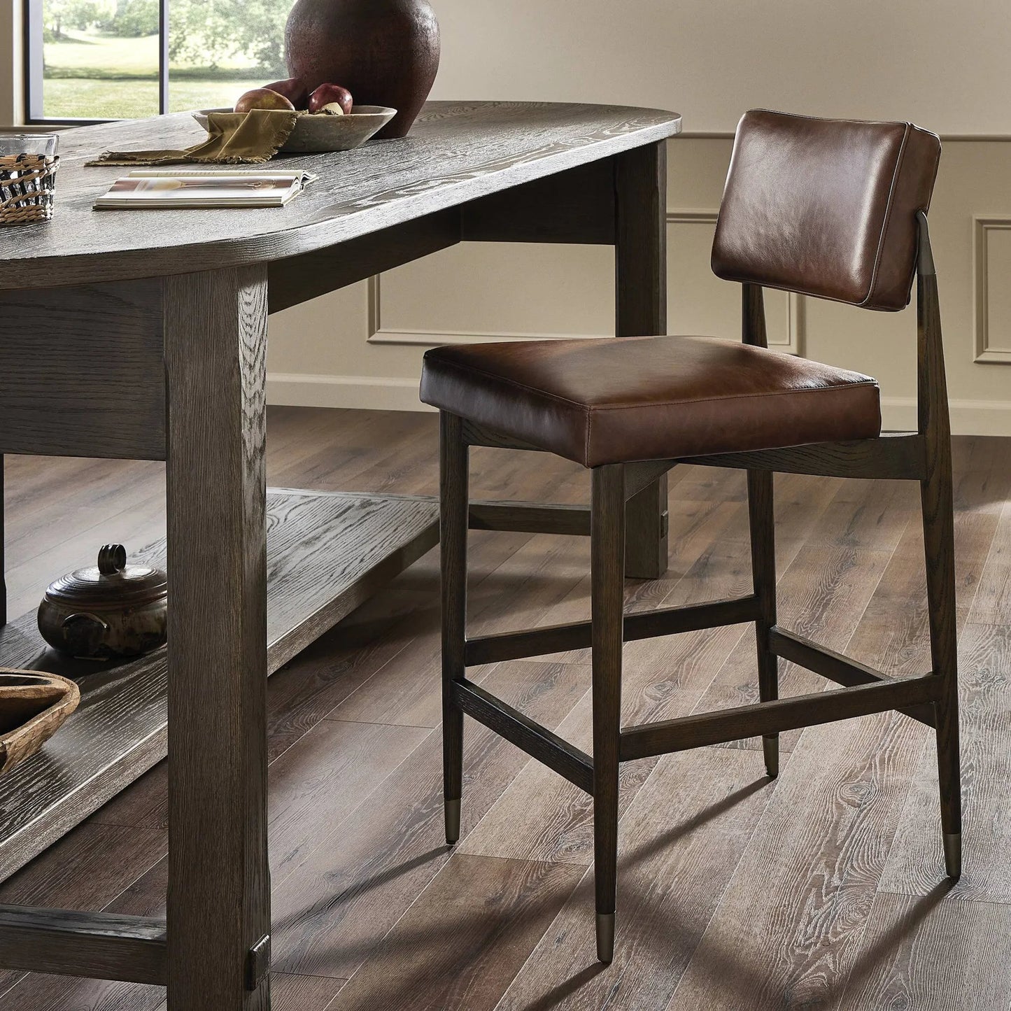008 SI-2319985 | Lifestyle | Anton Bar Stool by Four Hands in havana brown, burnt oak, raw iron. Made from top grain leather, solid oak, iron in a modern style.