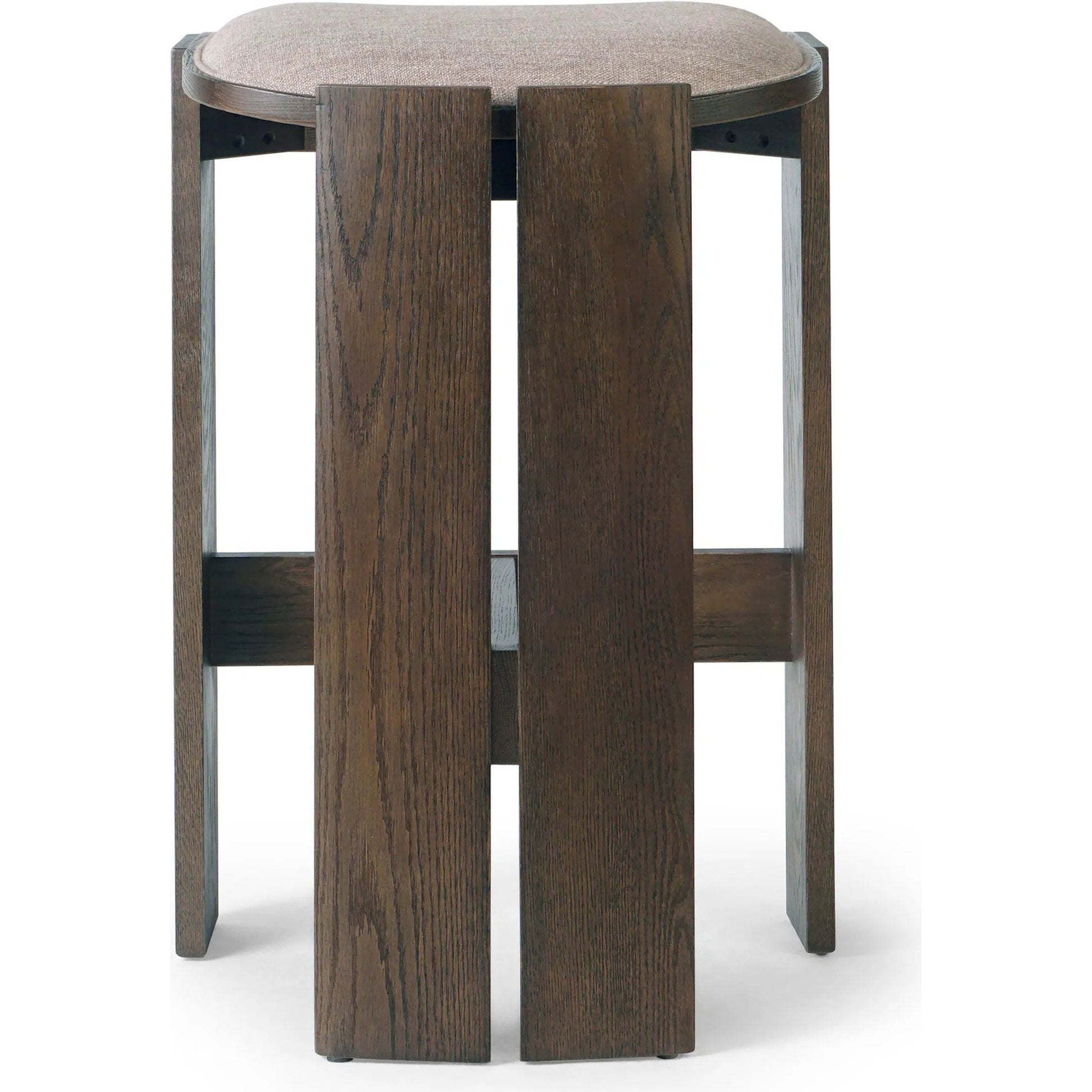 Hoven Backless Bar Stool by Four Hands in alcala fawn, drifted oak. Made from 70% polyester, 20% viscose (rayon), 10% flax/linen, solid oak in a transitional style.
