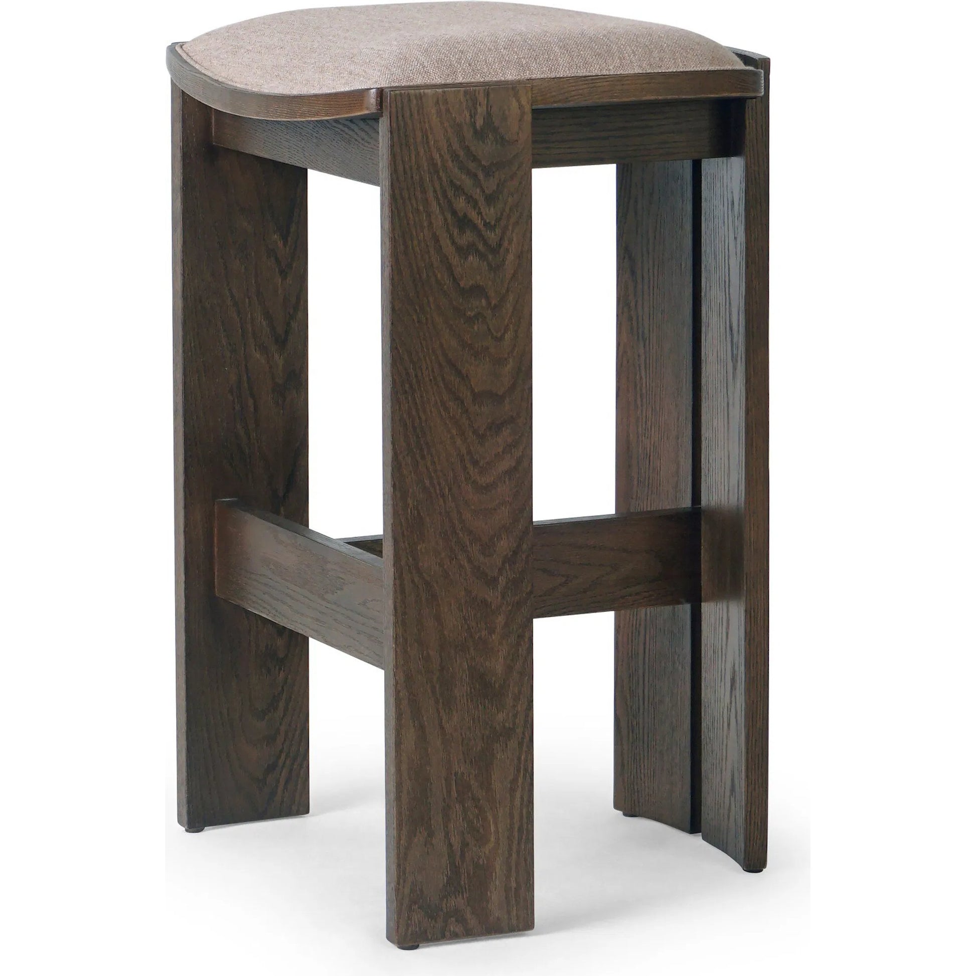 Hoven Backless Bar Stool by Four Hands in alcala fawn, drifted oak. Made from 70% polyester, 20% viscose (rayon), 10% flax/linen, solid oak in a transitional style.