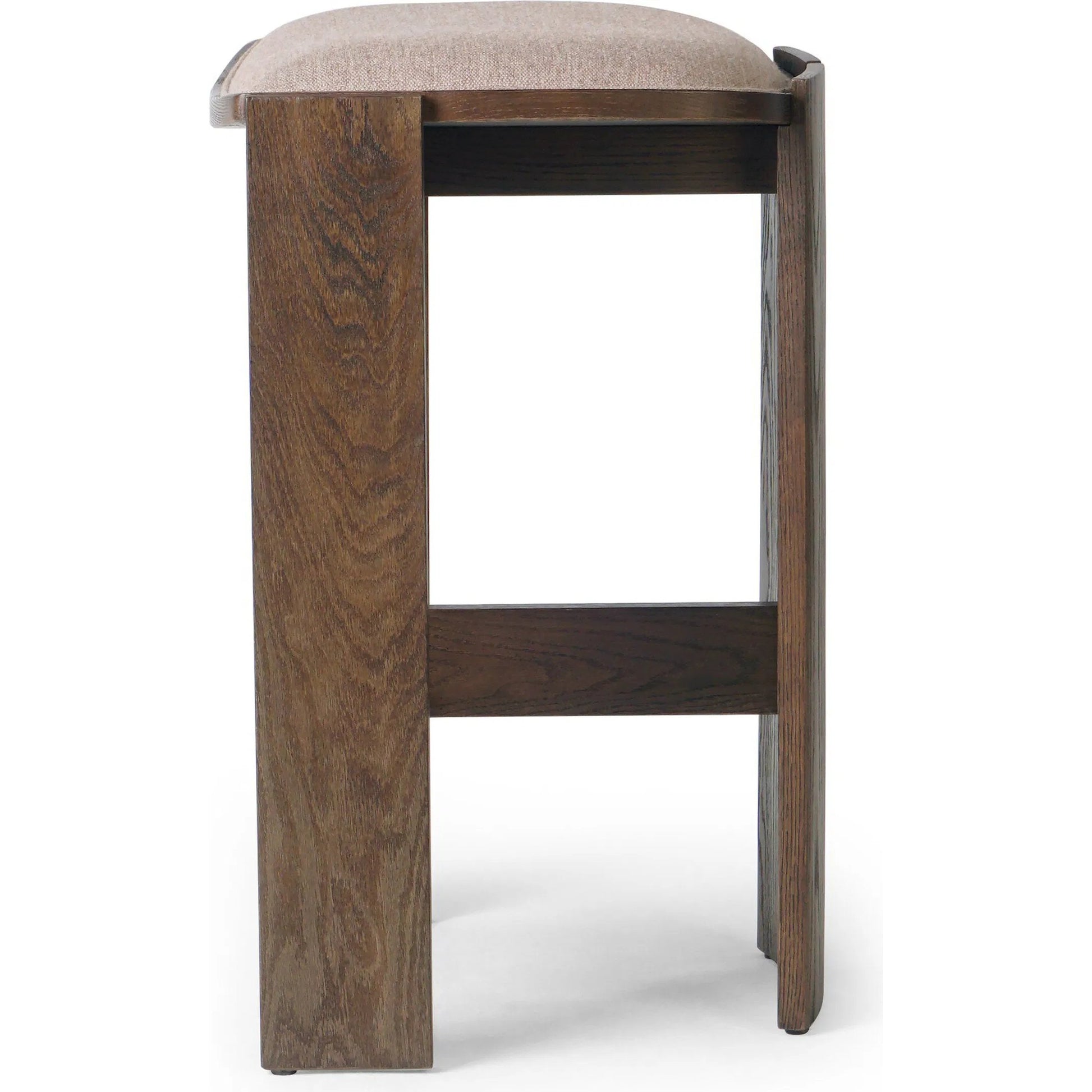Hoven Backless Bar Stool by Four Hands in alcala fawn, drifted oak. Made from 70% polyester, 20% viscose (rayon), 10% flax/linen, solid oak in a transitional style.