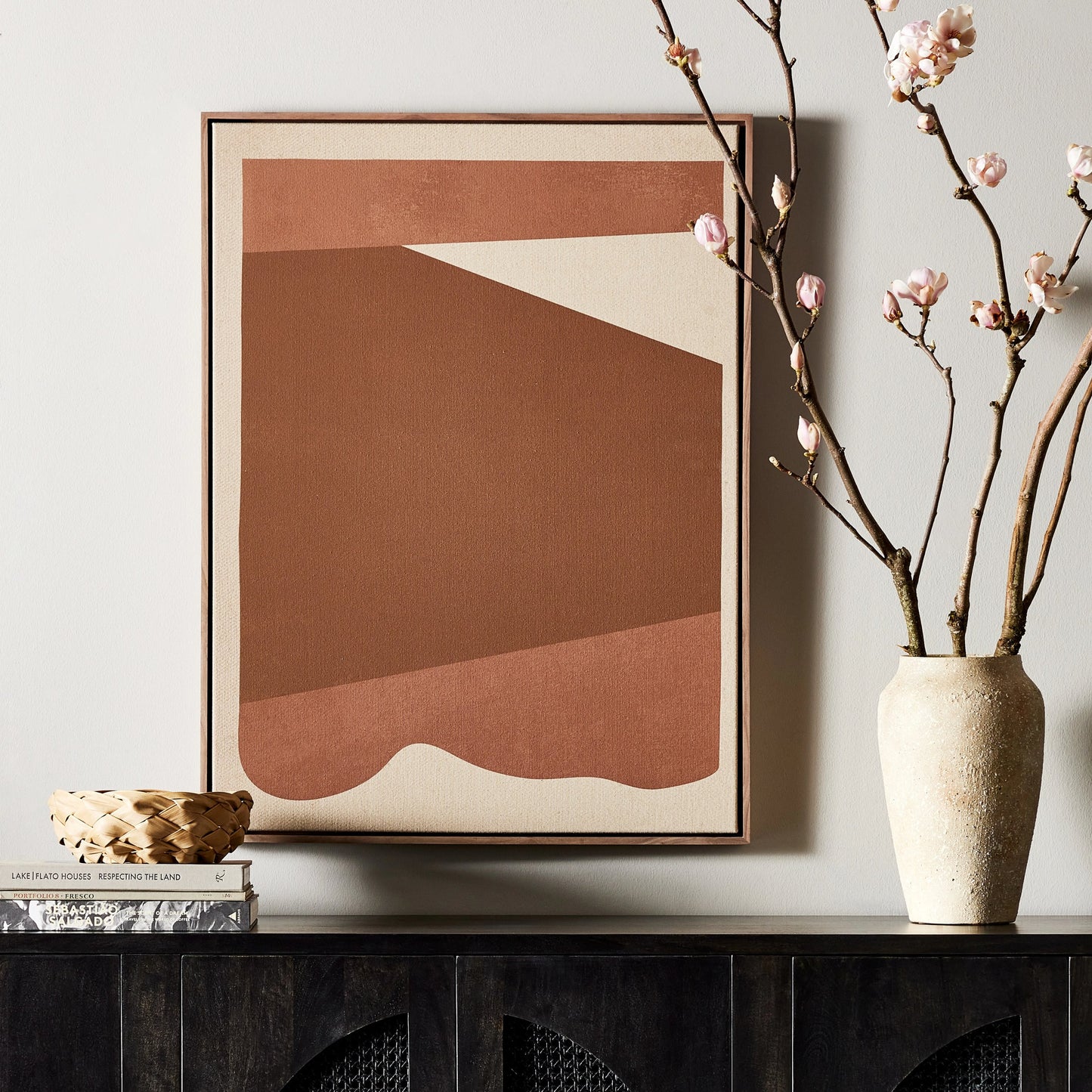 005 SI-2074797 | Lifestyle | Tonal Study II by Coup d’Esprit by Four Hands. Made from rustic walnut, fredrix 558 raw canvas in a modern style.
