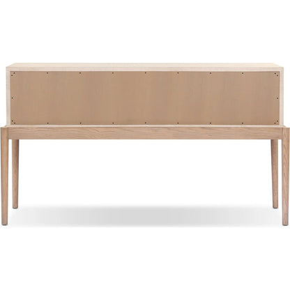 Ford Console Table by Four Hands in beige painted linen, sandy oak. Made from painted linen, solid oak in a transitional style.