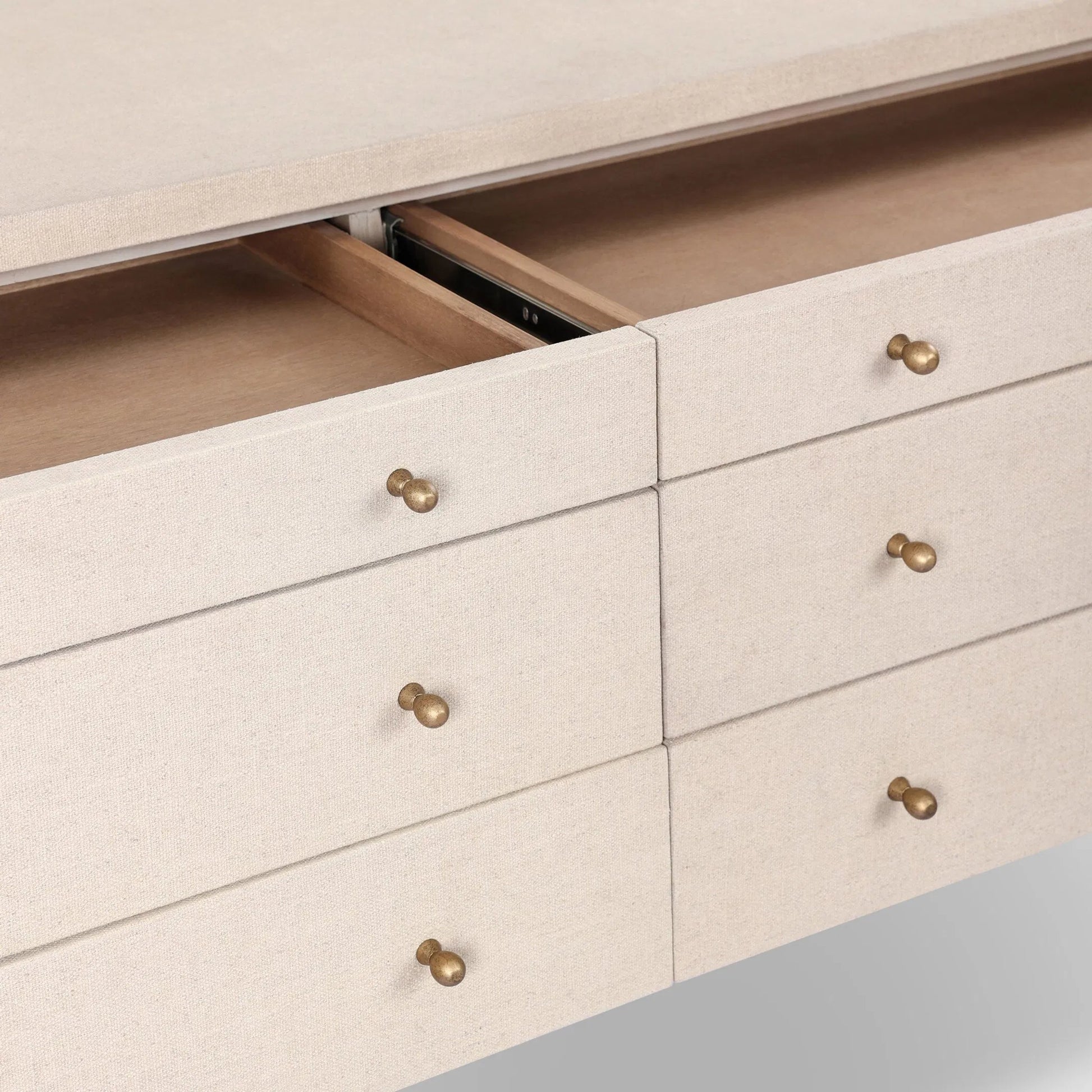 Ford Console Table by Four Hands in beige painted linen, sandy oak. Made from painted linen, solid oak in a transitional style.