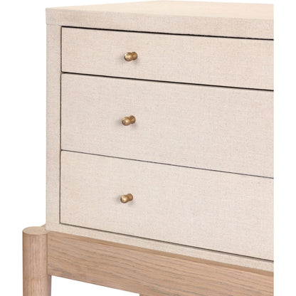 Ford Console Table by Four Hands in beige painted linen, sandy oak. Made from painted linen, solid oak in a transitional style.