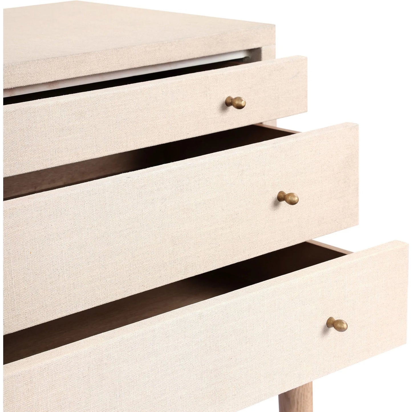 007 SI-2446569 | Closeup | Ford Console Table by Four Hands in beige painted linen, sandy oak. Made from painted linen, solid oak in a transitional style.