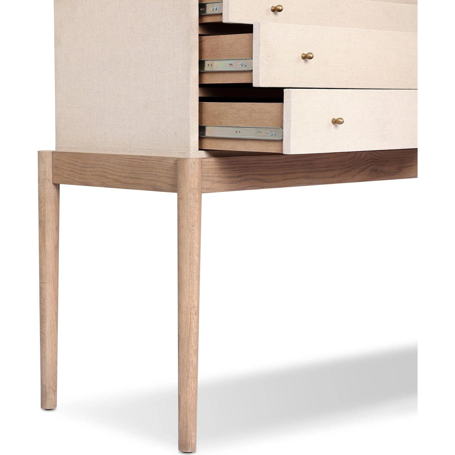 008 SI-2446569 | Closeup | Ford Console Table by Four Hands in beige painted linen, sandy oak. Made from painted linen, solid oak in a transitional style.