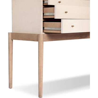 Ford Console Table by Four Hands in beige painted linen, sandy oak. Made from painted linen, solid oak in a transitional style.