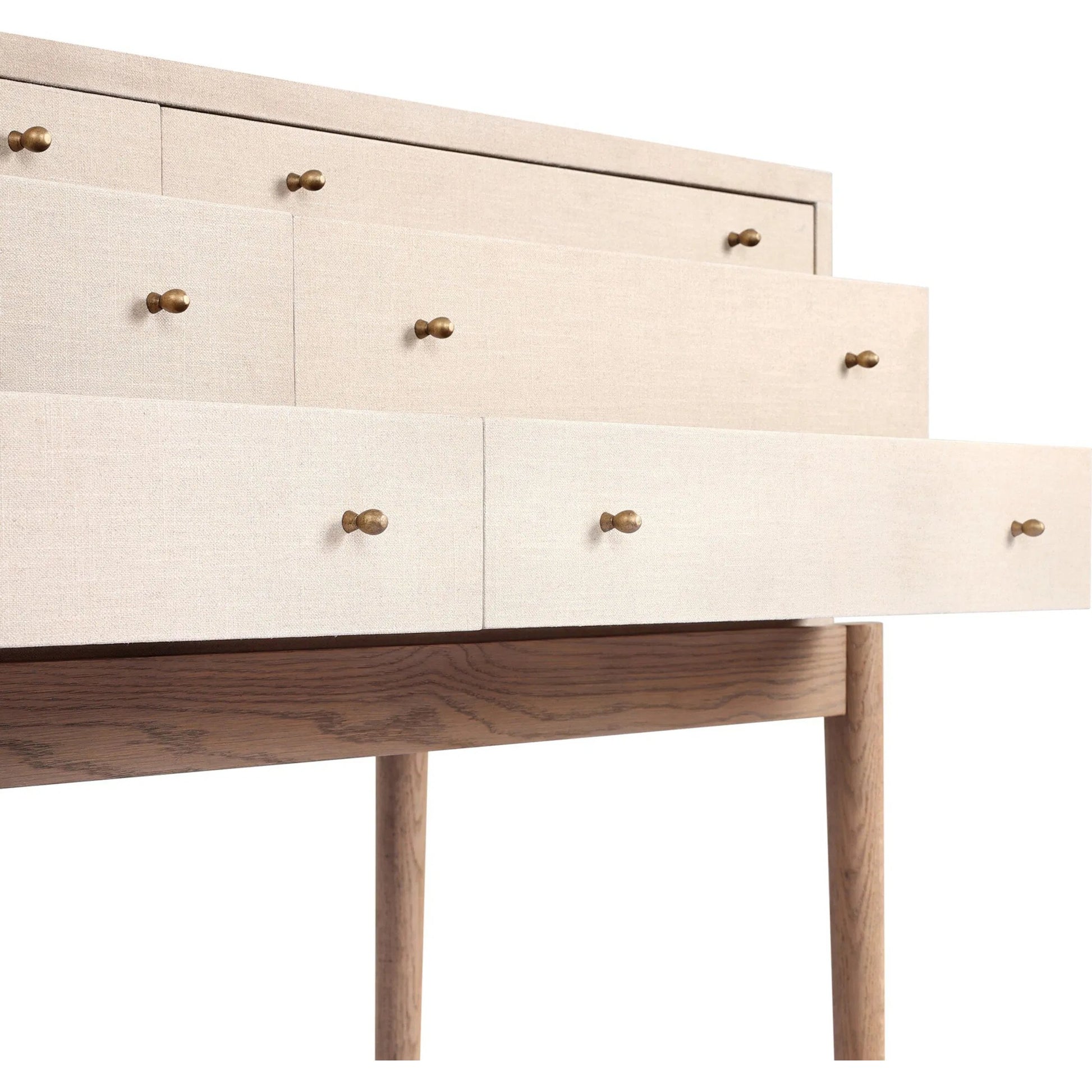 Ford Console Table by Four Hands in beige painted linen, sandy oak. Made from painted linen, solid oak in a transitional style.
