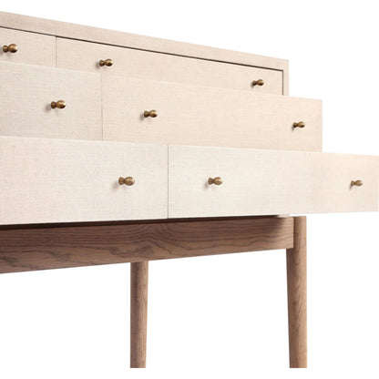 Ford Console Table by Four Hands in beige painted linen, sandy oak. Made from painted linen, solid oak in a transitional style.