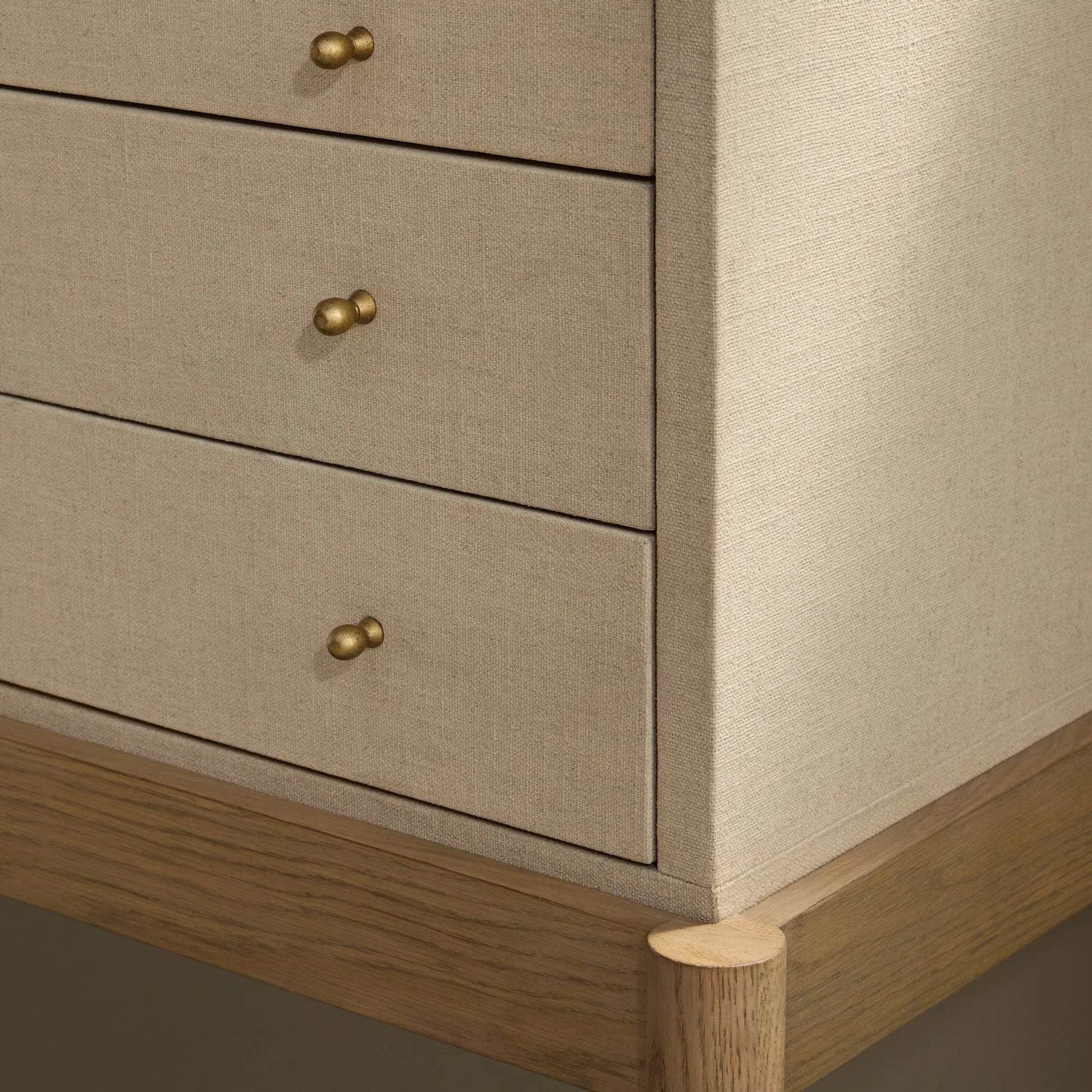 Ford Console Table by Four Hands in beige painted linen, sandy oak. Made from painted linen, solid oak in a transitional style.