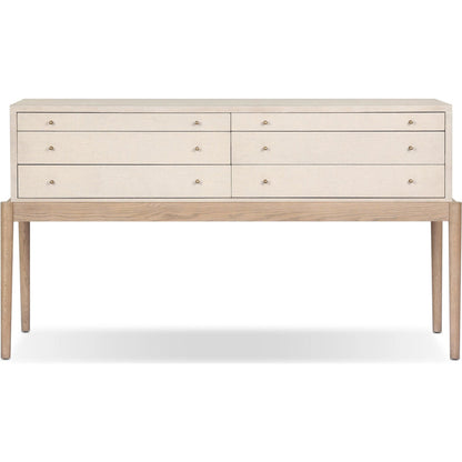 Ford Console Table by Four Hands in beige painted linen, sandy oak. Made from painted linen, solid oak in a transitional style.
