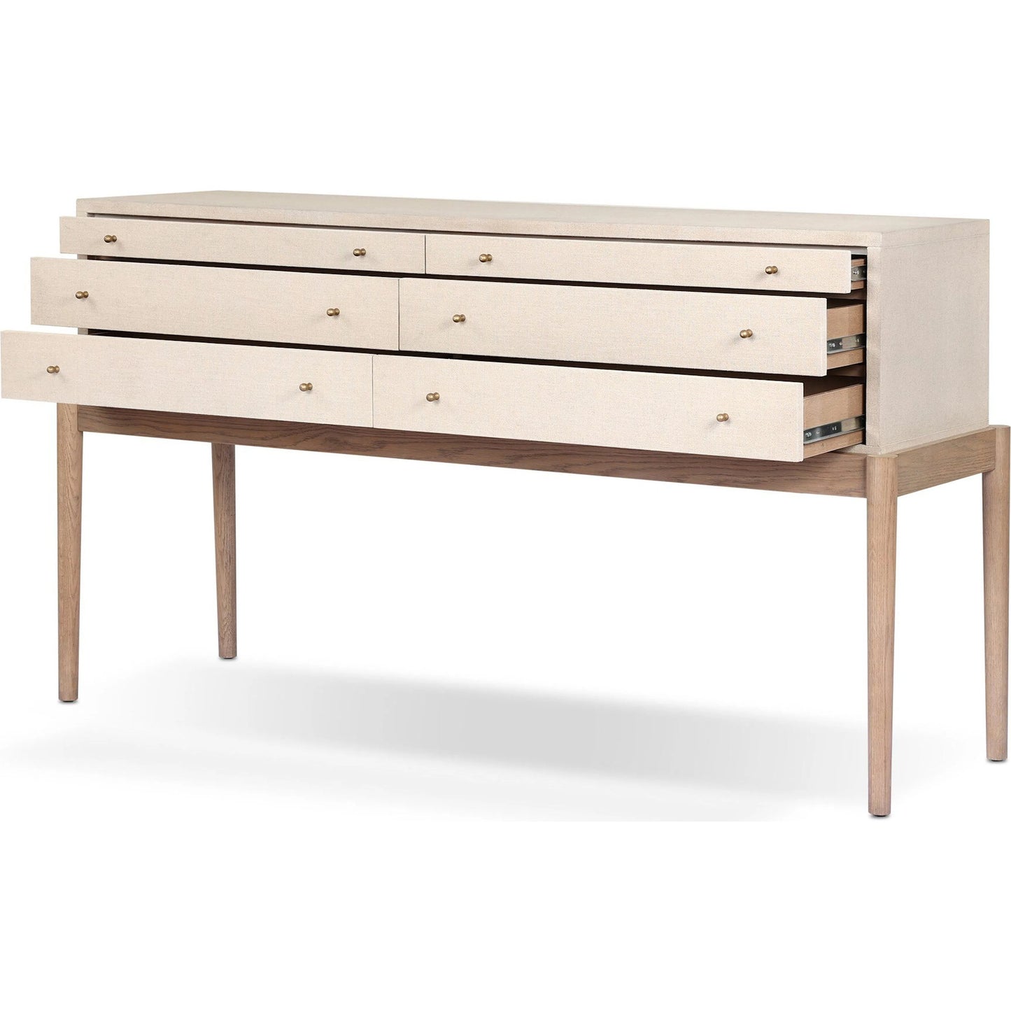 006 SI-2446569 | Additional Silo | Ford Console Table by Four Hands in beige painted linen, sandy oak. Made from painted linen, solid oak in a transitional style.