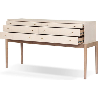 Ford Console Table by Four Hands in beige painted linen, sandy oak. Made from painted linen, solid oak in a transitional style.
