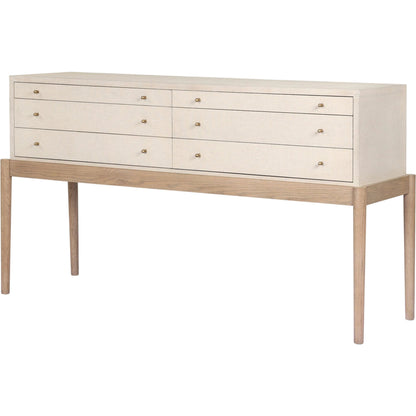 Ford Console Table by Four Hands in beige painted linen, sandy oak. Made from painted linen, solid oak in a transitional style.